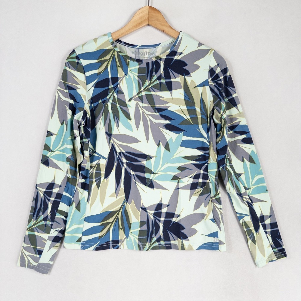 Hang Ten Shirt Rash Guard Womens Small Blue Leaf Print Long Sleeve UPF 50+